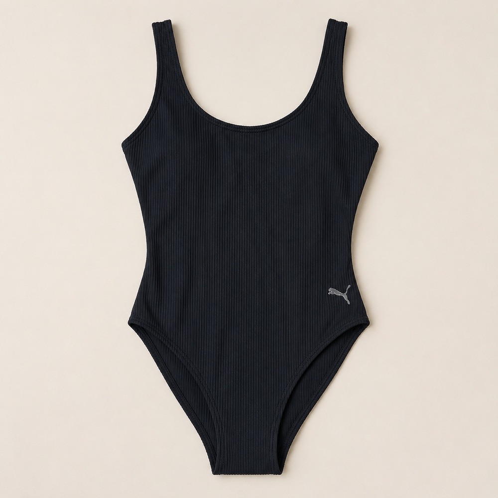 Puma Womens Ribbed One Piece Swimsuit Black Scoop Neck Logo Athletic Size L